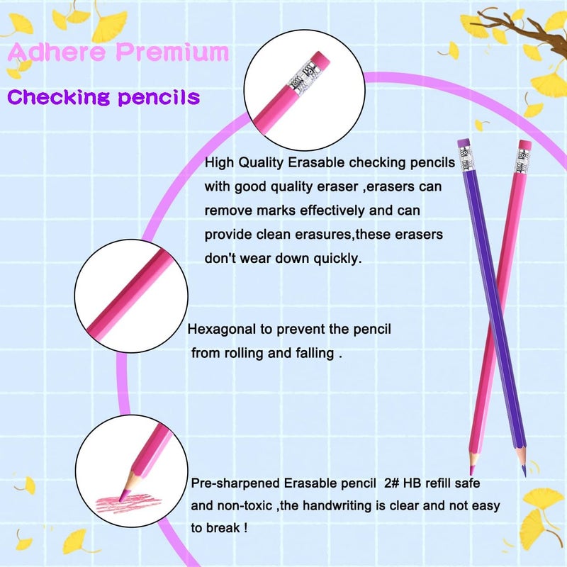 Adhere 25pcs Checking Pencils Erasable colored Pencils Pre-Sharpened #2 HB,for Checking Tests Grading,Map Coloring, editing Office Favors,including a Free sharpener. (Pink 13pcs + Purple 12pcs) - Image 3